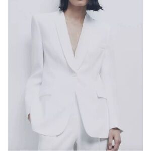 Zara Tuxedo Style Long Length One-Button Oyster White Jacket Blazer
